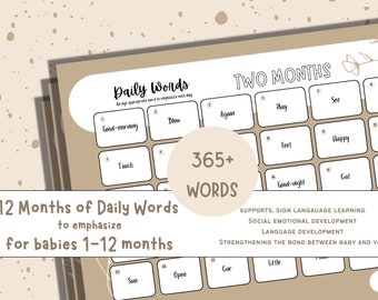 Infant/Baby/Toddler Daily Activity, Months 1-12 Emphasize a New Word Each Day, Early Childhood Development, Instant Download