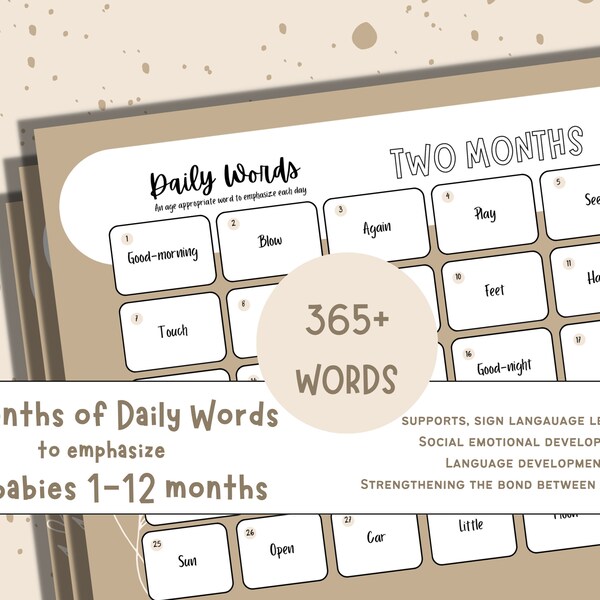 Infant/Baby/Toddler Daily Activity, Months 1-12 Emphasize a New Word Each Day, Early Childhood Development, Instant Download