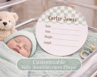 Personalized Baby Name Round Wood Sign, Birth Details Plaque | Nursery Wall Decor | Neutral Checkered