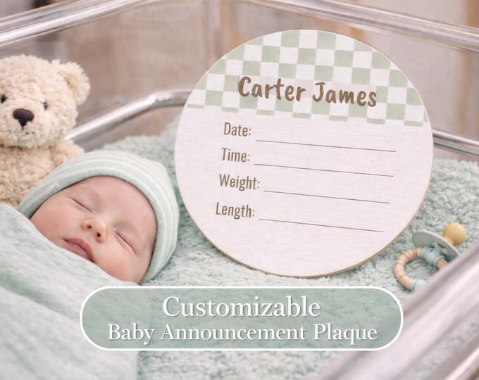 Personalized Baby Name Round Wood Sign, Birth Details Plaque | Nursery Wall Decor | Neutral Checkered