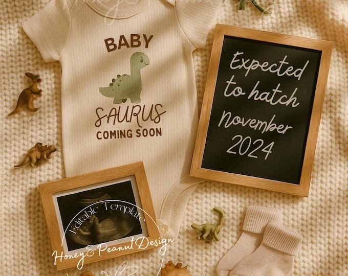 Dinosaur Baby Announcement: Editable Canva Template Digital Download