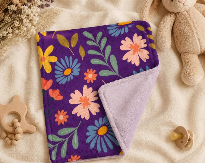 Purple Floral Baby Lovey Blanket, Soft Minky Security Blanket, Lavender Flower Nursery Gift, Plush Baby Shower Lovey