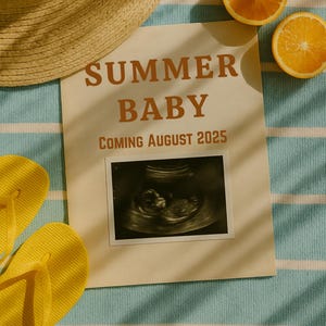 Summer Pregnancy Announcement: Tropical Beach Theme, Editable Canva Template (Digital Download)