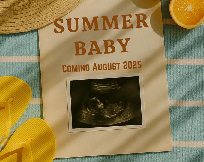Summer Pregnancy Announcement: Tropical Beach Theme, Editable Canva Template (Digital Download)