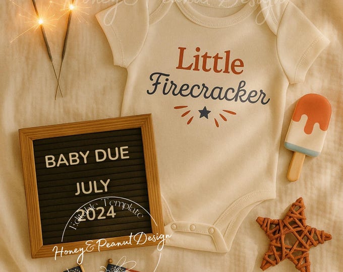 Little Firecracker 4th of July Baby Announcement: Editable Canva Template