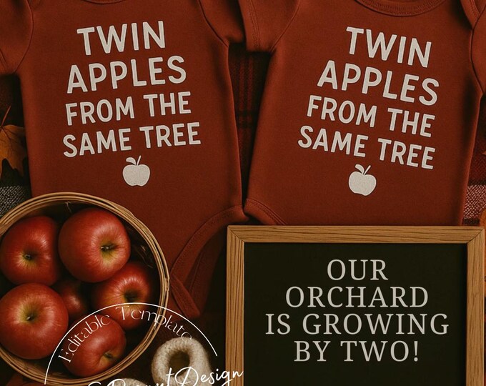 Twin Pregnancy Announcement: Apple Orchard Fall Theme (Editable Template, Digital Download)