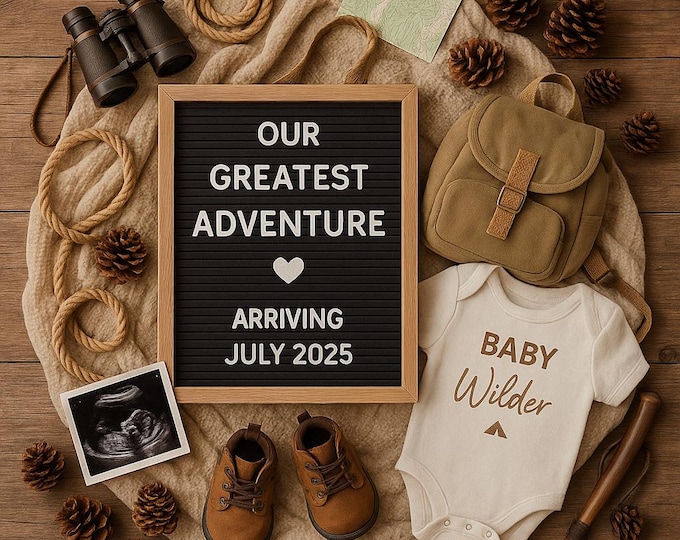 Woodland Adventure Pregnancy Announcement: Editable Travel Theme Canva Template Digital Download