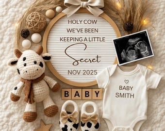 Cow Theme Pregnancy Announcement: Little Moo Canva Template Digital Download