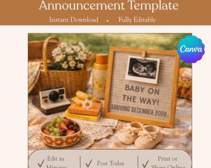 Daisies & Due Dates | Retro Pregnancy Announcement | Vintage Baby Reveal | Editable Canva Download