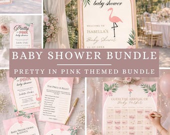 Pretty In Pink Flamingo Baby Shower Games Bundle | Editable Canva Templates | Girl Baby Shower Decor | Instant Digital Download