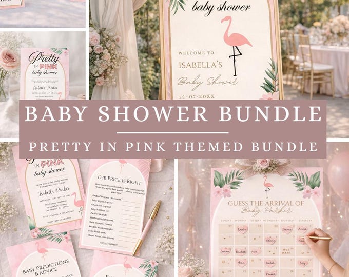 Pretty In Pink Flamingo Baby Shower Games Bundle | Editable Canva Templates | Girl Baby Shower Decor | Instant Digital Download