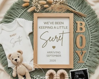 Boho Neutral Pregnancy Announcement Template: Soft Sage Secret Reveal, Editable Canva (Digital)