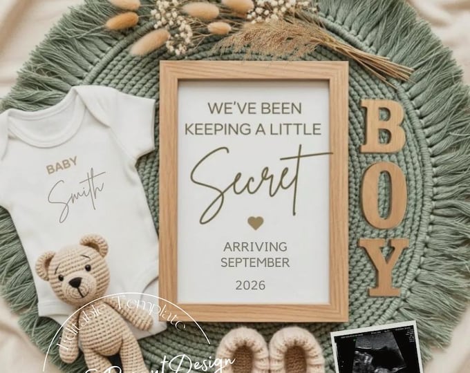 Boho Neutral Pregnancy Announcement Template: Soft Sage Secret Reveal, Editable Canva (Digital)