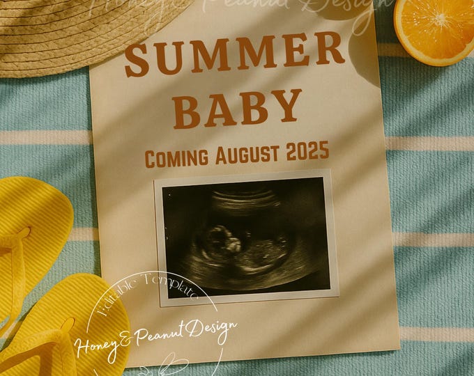 Summer Pregnancy Announcement: Tropical Beach Theme, Editable Canva Template (Digital Download)