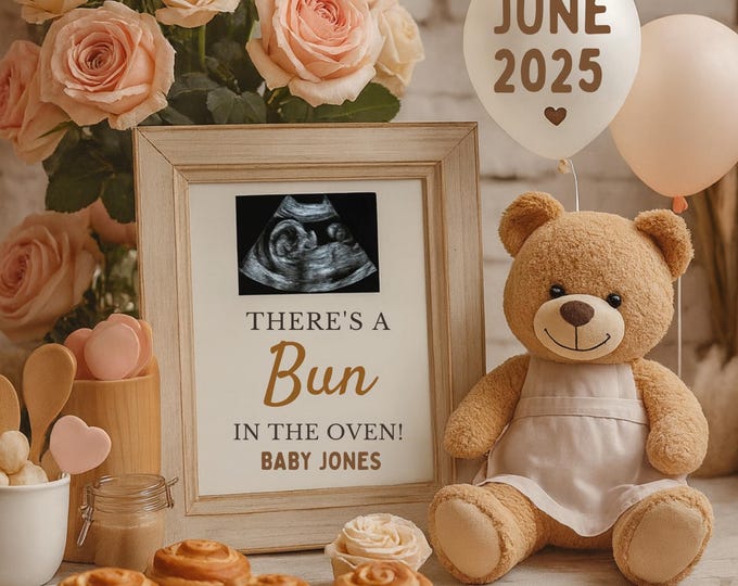 Bear Hugs & Buns Pregnancy Announcement: Baking Theme, Editable Canva Template (Digital Download)