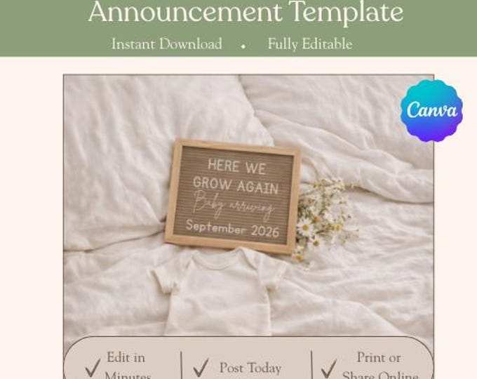 Here We Grow Again Pregnancy Announcement, Gender Neutral: Editable Canva Template Digital Download