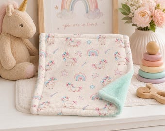 Pastel Unicorn Baby Lovey Blanket, Rainbow Minky Security Blanket, Magical Nursery Gift, Plush Baby Shower Lovey for Girls