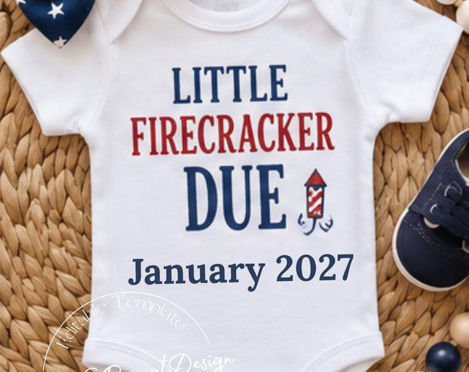 Little Firecracker Due Onesie Fourth of July Baby Announcement:  - Canva Template (Digital Download)