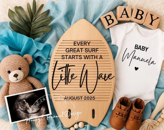 Surfboard Baby Announcement: Beach Theme Canva Template Digital Download
