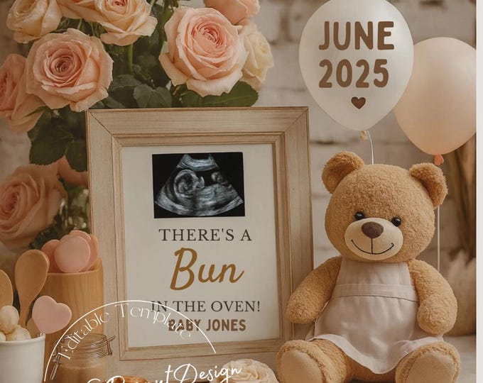 Bear Hugs & Buns Pregnancy Announcement: Baking Theme, Editable Canva Template (Digital Download)