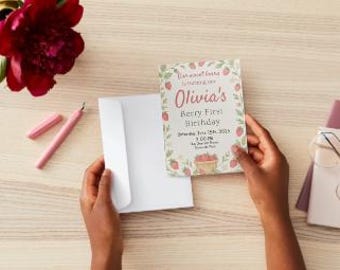 Berry Sweet Birthday Invitation: Editable Canva Template (Digital Download)