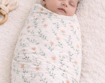 Peach Floral Spring Pattern Baby Swaddle Blanket | Floral Nursery Wrap