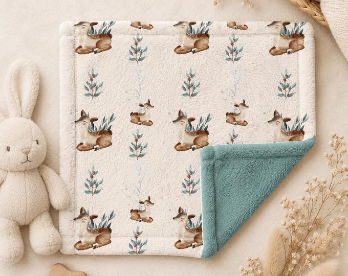 Woodland Fawn Baby Lovey Blanket, Soft Minky Security Blanket, Deer Nursery Gift, Neutral Forest Baby Shower Lovey