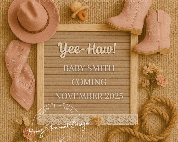 Rodeo Pink Western Baby Announcement: Editable Canva Template Digital Download