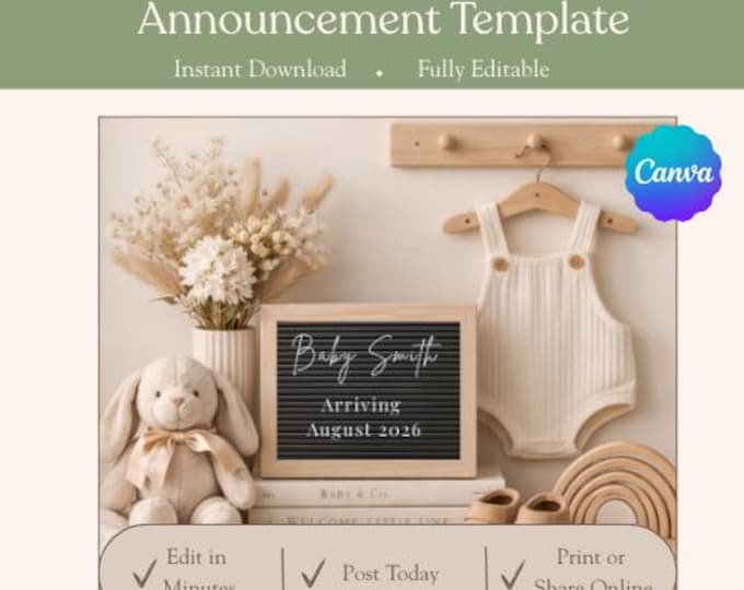 Baby & Co. Pregnancy Announcement: Editable Canva Template Digital Download