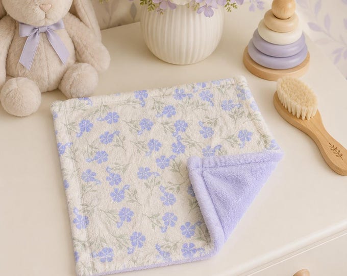 Lavender Floral Baby Lovey Blanket, Soft Minky Security Blanket, Purple Wildflower Nursery Gift, Plush Baby Shower Lovey
