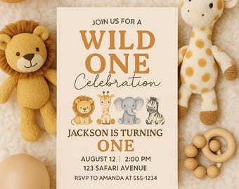Wild One Safari Birthday Invitation: Editable Canva Template (Digital Download)
