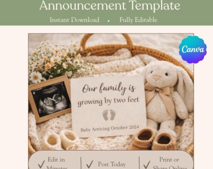 Two Tiny Feet Pregnancy Announcement: Editable Canva Template Digital Download