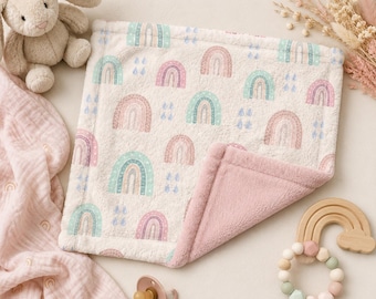 Pastel Rainbow Baby Lovey Blanket, Soft Minky Security Blanket, Boho Nursery Gift, Plush Baby Shower Lovey for Girls