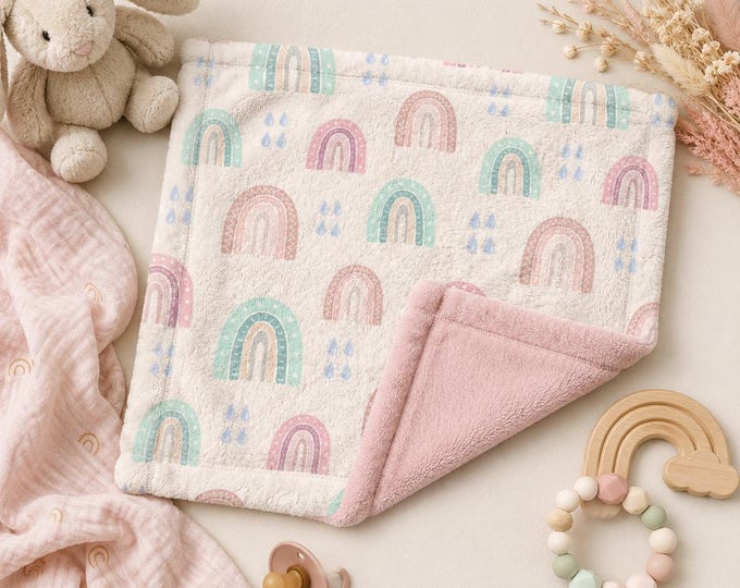 Pastel Rainbow Baby Lovey Blanket, Soft Minky Security Blanket, Boho Nursery Gift, Plush Baby Shower Lovey for Girls