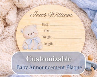 Personalize Wooden Baby Birth Announcement Sign – Teddy Bear Nursery Keepsake