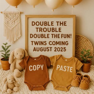 Doublez la peine - Modèle numérique toile pour faire-part de grossesse de jumeaux - Modèle toile modifiable, faire-part de grossesse, réseaux sociaux