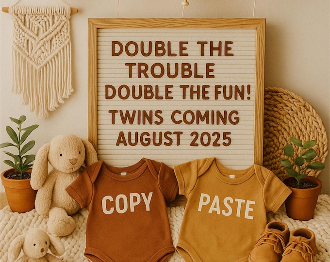 Twins Pregnancy Announcement: Boho Onesies, Editable Canva Template (Digital)