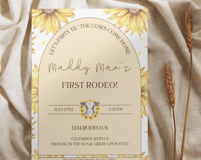 Editable Rodeo Birthday Invitation: Cow & Sunflower Canva Template (Digital Download)