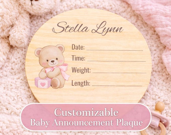 Personalized Baby Girl Name Birth Details Wood Sign | Pink Bear Nursery Round Plaque