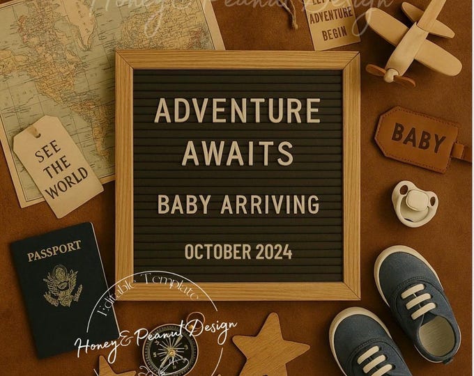 Travel Pregnancy Announcement: Adventure Awaits Canva Template (Digital Download)
