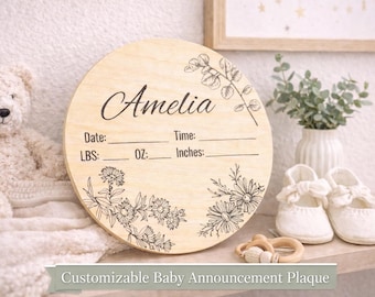 Botanical Floral Birth Announcement Sign Wood Sign | Newborn Name, Date, Time, Weight