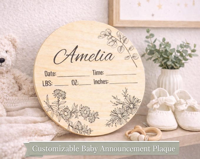 Botanical Floral Birth Announcement Sign Wood Sign | Newborn Name, Date, Time, Weight