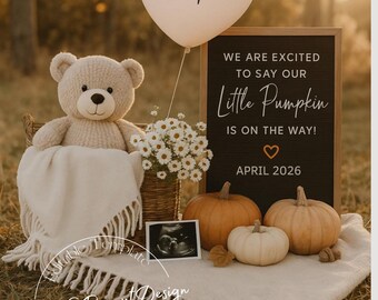 Pumpkin Kisses & Baby Wishes Pregnancy Announcement: Rustic Fall Canva Template (Digital Download)