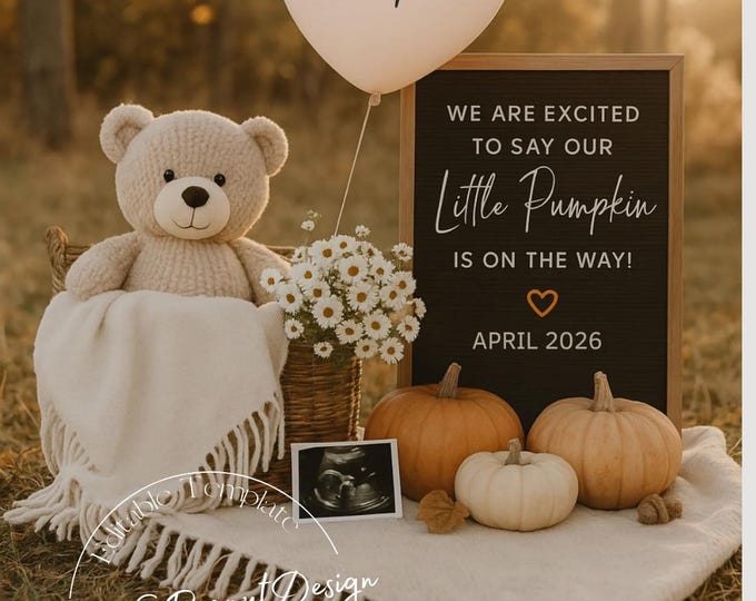Pumpkin Kisses & Baby Wishes Pregnancy Announcement: Rustic Fall Canva Template (Digital Download)