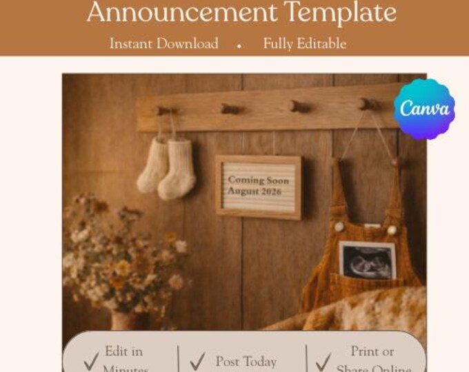 Hanging Up Hope | Retro Pregnancy Announcement | Vintage Baby Reveal | Editable Canva Download