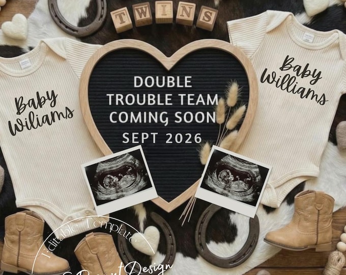 Rustic Twins Pregnancy Announcement | Boho Cow Theme (Canva Template)