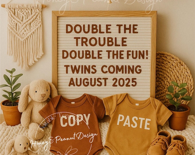 Twins Pregnancy Announcement: Boho Onesies, Editable Canva Template (Digital)