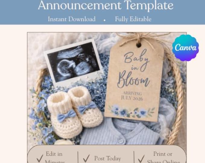 Blue Bloom Pregnancy Announcement: Editable Canva Template Digital Download, Spring Baby Reveal