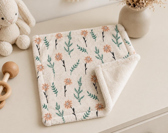 Peach Floral Baby Lovey Blanket, Soft Minky Security Blanket, Wildflower Nursery Gift, Neutral Baby Shower Lovey