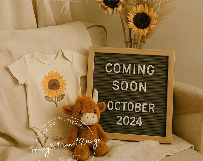 Boho Sunflower Pregnancy Announcement: Editable Canva Template Digital Download